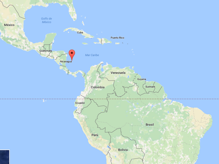 Ubicación de Isla San Andrés, Colombia, marcada. Se puede observar la cercanía a Nicaragua y la distancia a Colombia. A pesar de eso en noviembre 2012 se dictaminó que era parte de Colombia